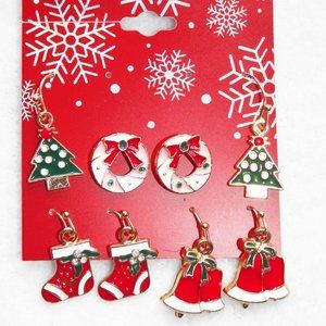 4 PR Gold Christmas Earrings Wreath Tree Stocking Bells